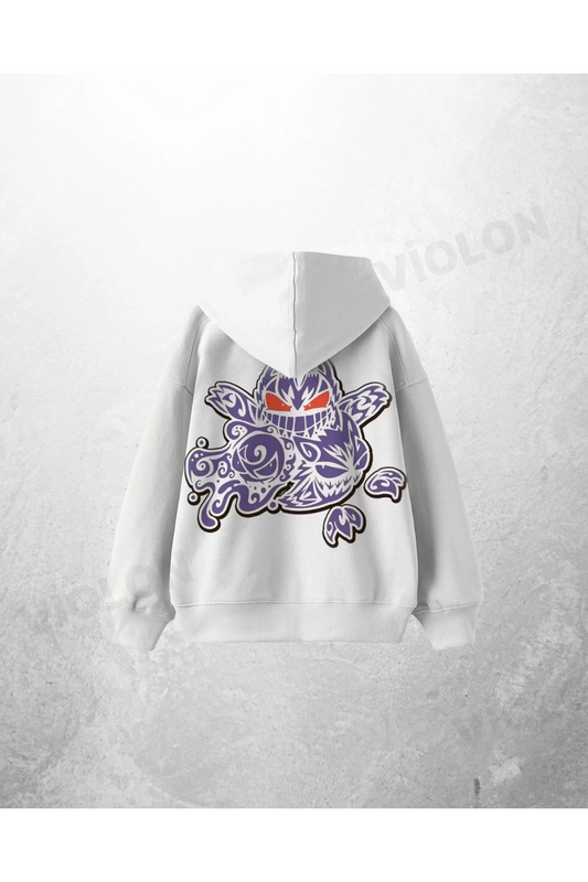 Beyaz Unisex Doodle Monster Baskılı Oversize Hoodie Sweatshirt