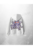 Beyaz Unisex Doodle Monster Baskılı Oversize Hoodie Sweatshirt