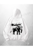 Beyaz Unisex Elephant Missile Baskılı Oversize Hoodie Sweatshirt