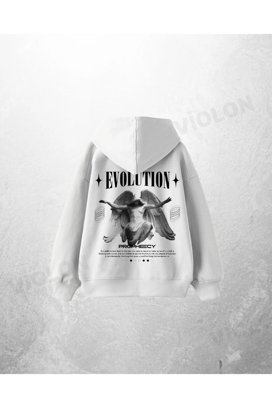 Beyaz Unisex Evolution Baskılı Oversize Hoodie Sweatshirt