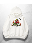Beyaz Unisex Flaming Cat Baskılı Oversize Hoodie Sweatshirt