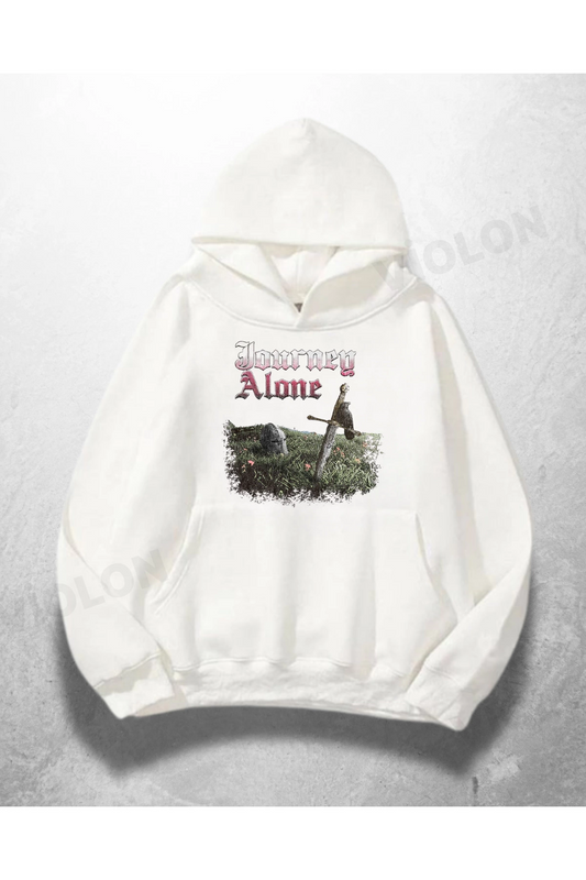 Beyaz Unisex Forever Alone Baskılı Oversize Hoodie Sweatshirt
