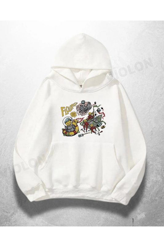 Beyaz Unisex Four Squad Baskılı Oversize Hoodie Sweatshirt