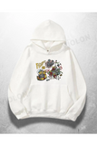 Beyaz Unisex Four Squad Baskılı Oversize Hoodie Sweatshirt