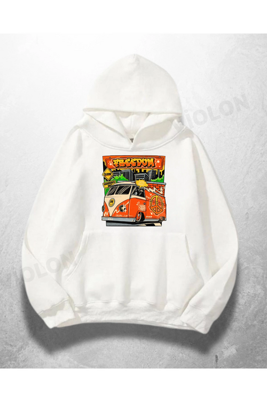 Beyaz Unisex Freedom Van Baskılı Oversize Hoodie Sweatshirt