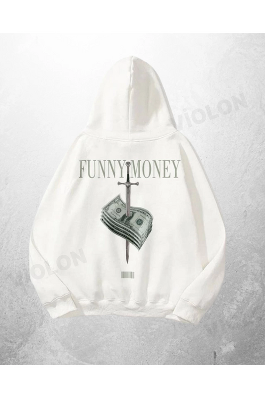 Beyaz Unisex Funny Money Baskılı Oversize Hoodie Sweatshirt