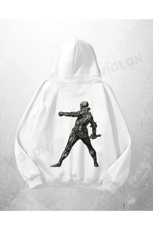 Beyaz Unisex Gladiator Baskılı Oversize Hoodie Sweatshirt