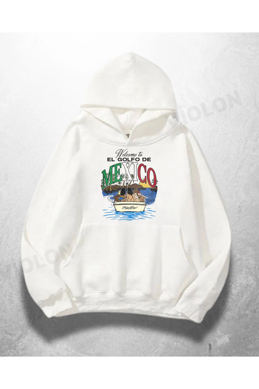 Beyaz Unisex Golfo de Mexico Baskılı Oversize Hoodie Sweatshirt