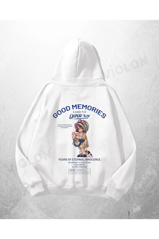 Beyaz Unisex Good Memories Baskılı Oversize Hoodie Sweatshirt