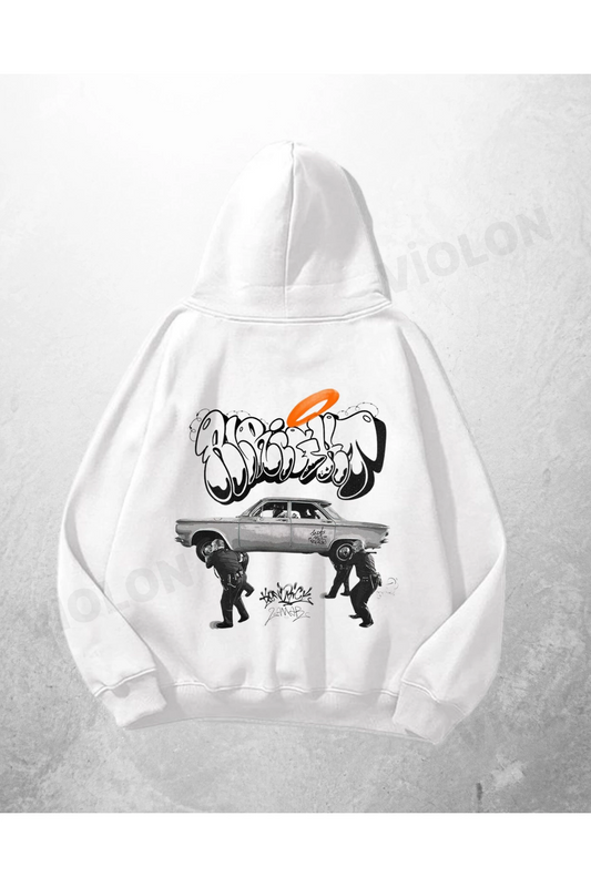 Beyaz Unisex Graffiti Car Halo Baskılı Oversize Hoodie Sweatshirt