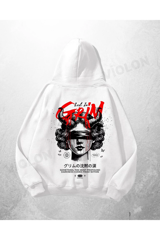 Beyaz Unisex Grim Baskılı Oversize Hoodie Sweatshirt