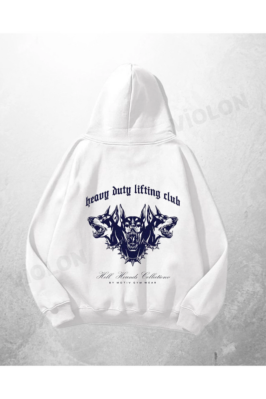 Beyaz Unisex Heavy Duty Lifting Club Baskılı Oversize Hoodie Sweatshirt