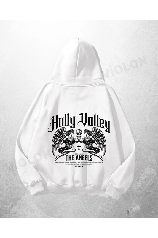 Beyaz Unisex Holly Jolly Baskılı Oversize Hoodie Sweatshirt