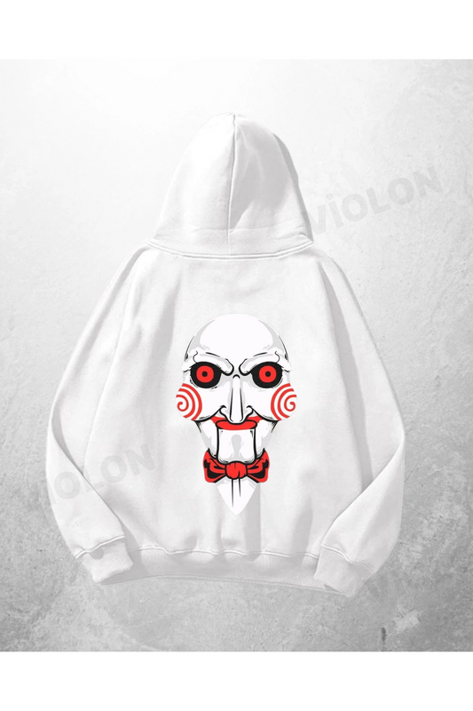 Beyaz Unisex Jigsaw Baskılı Oversize Hoodie Sweatshirt