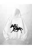 Beyaz Unisex Jockey Baskılı Oversize Hoodie Sweatshirt