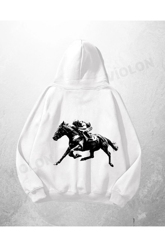 Beyaz Unisex Jockey Baskılı Oversize Hoodie Sweatshirt