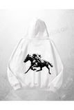 Beyaz Unisex Jockey Baskılı Oversize Hoodie Sweatshirt