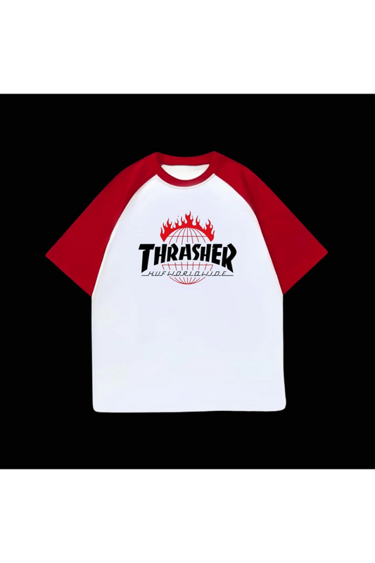 Beyaz Unisex Kırmızı Reglan Thresher T-Shirt