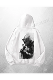 Beyaz Unisex Knight Prayer Baskılı Oversize Hoodie Sweatshirt