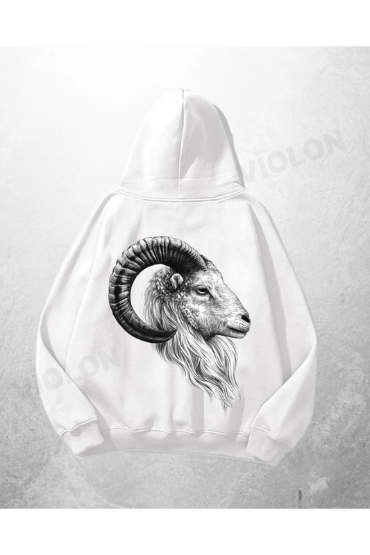 Beyaz Unisex Koç Başı Baskılı Oversize Hoodie Sweatshirt