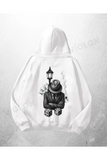 Beyaz Unisex Kumarbaz Baskılı Oversize Hoodie Sweatshirt