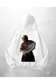 Beyaz Unisex Leatherface Baskılı Oversize Hoodie Sweatshirt