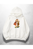 Beyaz Unisex Lovers Baskılı Oversize Hoodie Sweatshirt