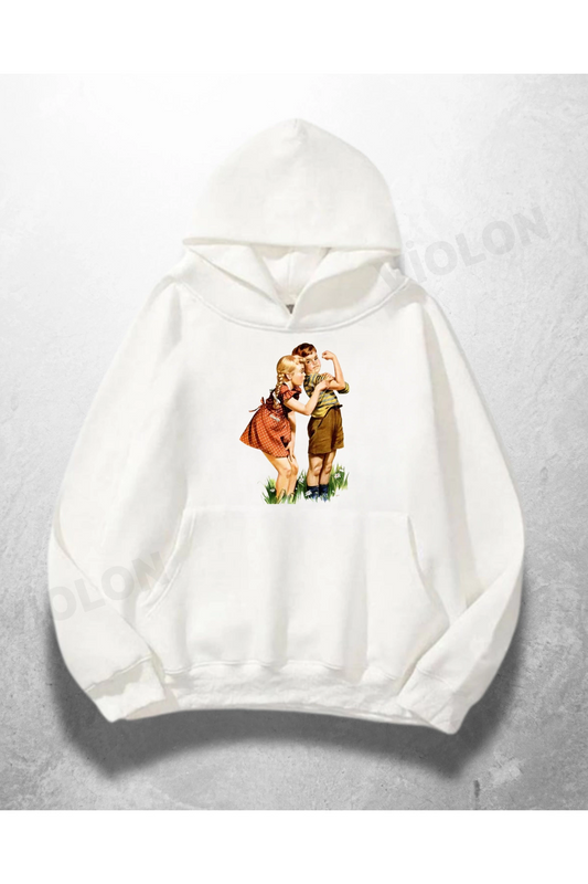 Beyaz Unisex Lovers Baskılı Oversize Hoodie Sweatshirt