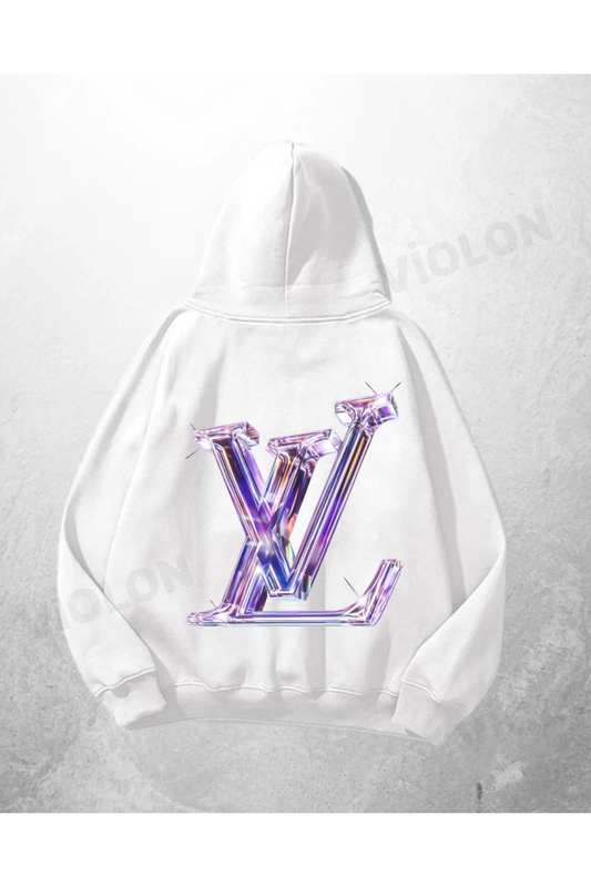 Beyaz Unisex LV Baskılı Oversize Hoodie Sweatshirt