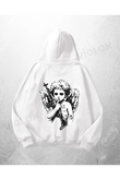Beyaz Unisex Melek Silahlı Baskılı Oversize Hoodie Sweatshirt