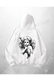 Beyaz Unisex Melek Silahlı Baskılı Oversize Hoodie Sweatshirt