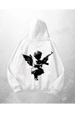 Beyaz Unisex Melek Tüfekli Baskılı Oversize Hoodie Sweatshirt