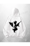 Beyaz Unisex Melek Tüfekli Baskılı Oversize Hoodie Sweatshirt