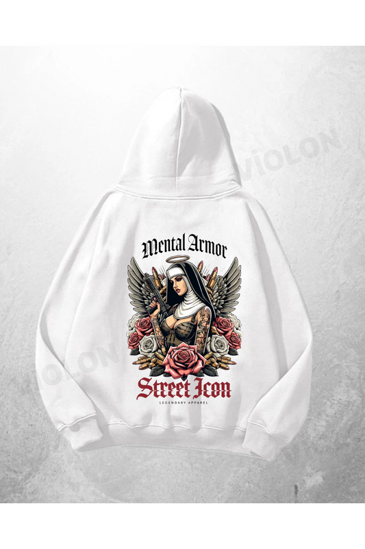 Beyaz Unisex Mental Armor Baskılı Oversize Hoodie Sweatshirt