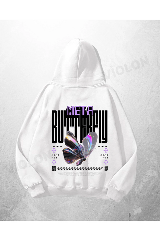 Beyaz Unisex Meta Butterfly Baskılı Oversize Hoodie Sweatshirt
