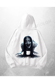 Beyaz Unisex Momo Baskılı Oversize Hoodie Sweatshirt