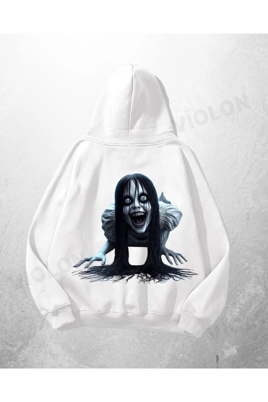 Beyaz Unisex Momo Baskılı Oversize Hoodie Sweatshirt