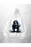 Beyaz Unisex Momo Baskılı Oversize Hoodie Sweatshirt