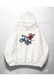 Beyaz Unisex Motorcycle Trick Baskılı Oversize Hoodie Sweatshirt
