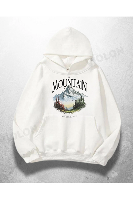Beyaz Unisex Mountain Baskılı Oversize Hoodie Sweatshirt