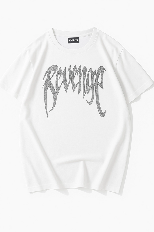 Beyaz Unisex Oversize Beyaz Revenge Parıltılı Taş Baskılı Tshirt