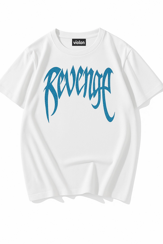 Beyaz Unisex Oversize Mavi Revenge Parıltılı Taş Baskılı Tshirt