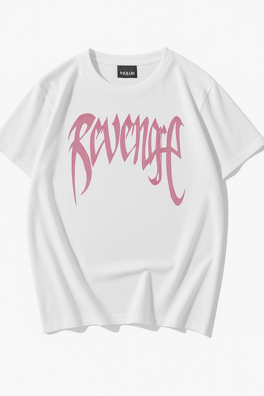 Beyaz Unisex Oversize Pembe Revenge Parıltılı Taş Baskılı Tshirt