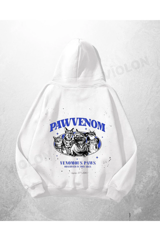 Beyaz Unisex Pawvenom Baskılı Oversize Hoodie Sweatshirt