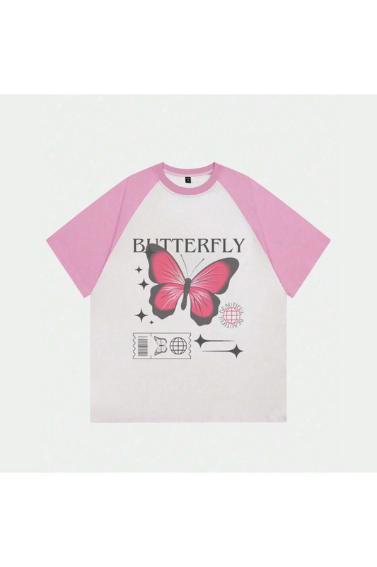 Beyaz Unisex Pembe Reglan Butterfly T-Shirt