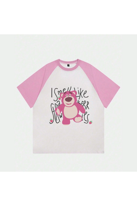 Beyaz Unisex Pembe Reglan Cute Bear T-Shirt