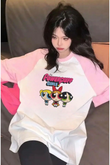 Beyaz Unisex Pembe Reglan Kol Powerpuff Girls Oversize T-Shirt