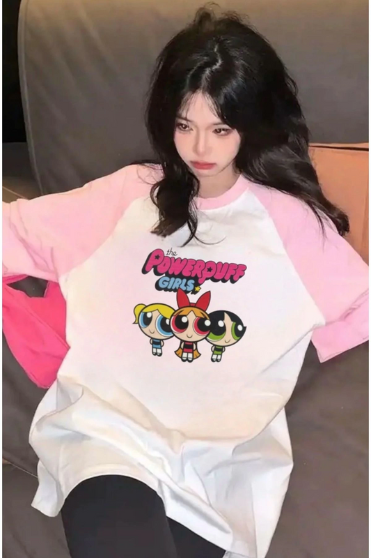 Beyaz Unisex Pembe Reglan Kol Powerpuff Girls Oversize T-Shirt