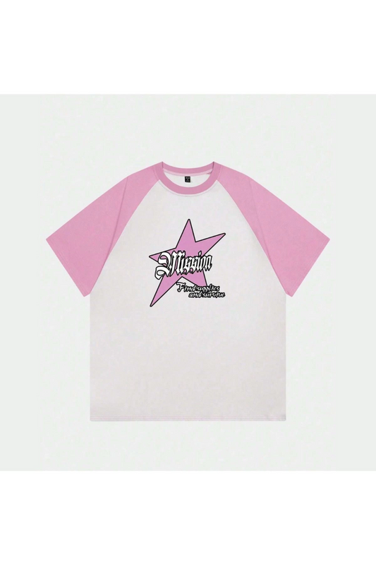 Beyaz Unisex Pembe Reglan Mission Star T-Shirt
