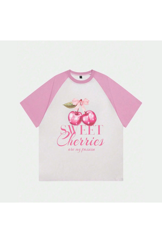 Beyaz Unisex Pembe Reglan Sweet Cherries T-Shirt